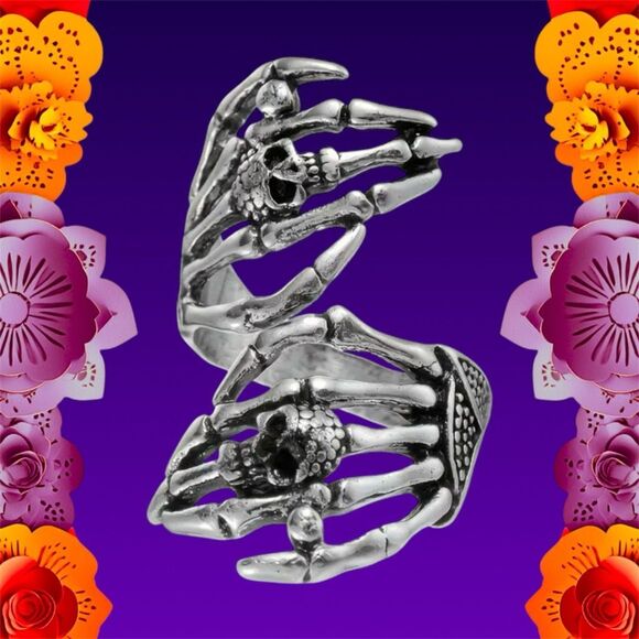 NWT Silver Double Skeleton Hand Skull Adjustable Hug Wrap Ring - Picture 3 of 5